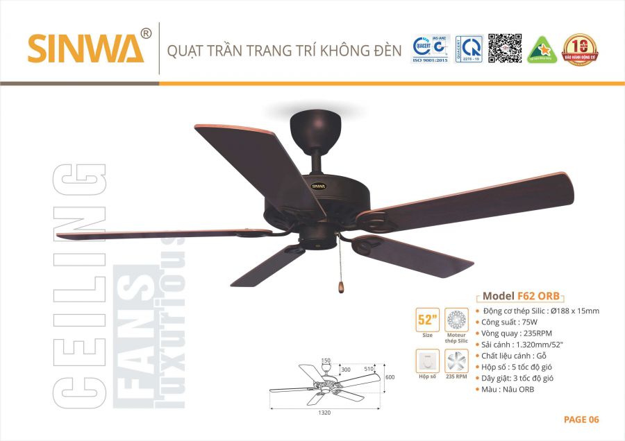 Quạt trần 5 cánh gỗ F62-ORB