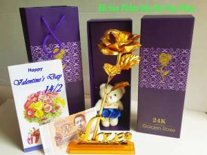 Bông hồng mạ vàng + đế +gấu + tờ tiền