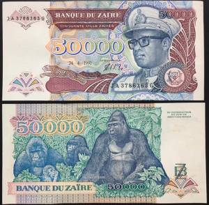 Zaire 50.000 zaires AUNC 1991 - con khỉ