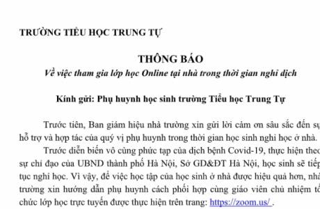 THÔNG BÁO Về việc tham gia lớp học Online tại nhà trong thời gian nghỉ dịch