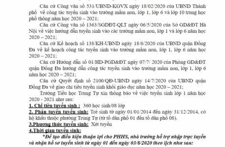 QUY TRÌNH ĐĂNG KÝ TUYỂN SINH BẲNG HÌNH THỨC TRỰC TUYẾN NĂM HỌC 2020 - 2021