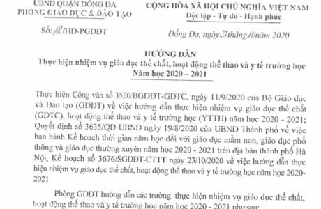 Hướng dẫn Thực hiện nhiệm vụ giáo dục thể chất, hoạt động thể thao và y tế trường học Năm học 2020 -