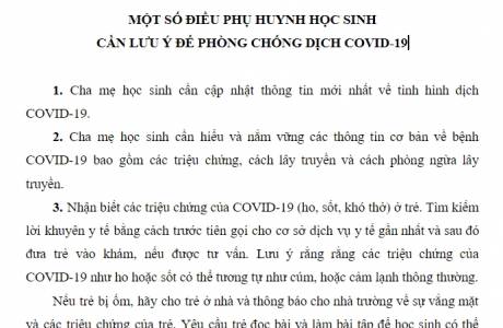 MỘT SỐ ĐIỀU PHỤ HUYNH HỌC SINH CẦN LƯU Ý ĐỂ PHÒNG CHỐNG DỊCH COVID-19