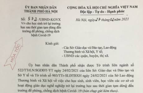 V/v cho học sinh trở lại trường học sau thời gian tạm dừng đến trường để phòng chống dịch bênh