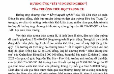 HƯỞNG ỨNG “TẾT VÌ NGƯỜI NGHÈO”   CỦA TRƯỜNG TIỂU HỌC TRUNG TỰ