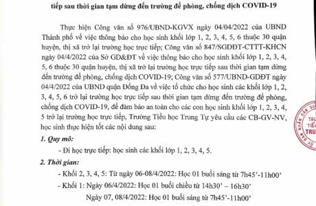 Thông báo về việc tổ chức cho học sinh các khối lớp 1,2,3,4,5 trở lại trường học trực tiếp sau thời