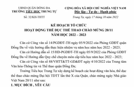 KẾ HOẠCH TỔ CHỨC HOẠT ĐỘNG THỂ DỤC THỂ THAO CHÀO MỪNG 20/11