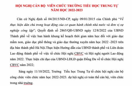 HỘI NGHỊ CÁN BỘ  VIÊN CHỨC TRƯỜNG TIỂU HỌC TRUNG TỰ  NĂM HỌC 2022-2023