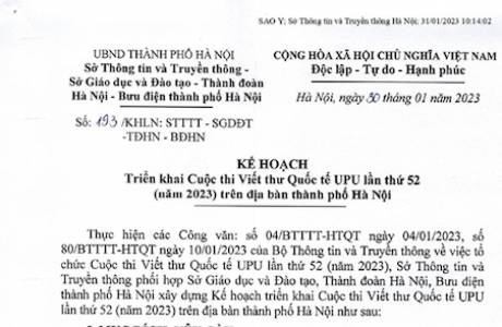 KÊ HOẠCH Triển khai Cuộc thi Viết thư Quốc tế UPU lần thứ 52 (năm 2023) trên địa bàn thành phố Hà Nộ