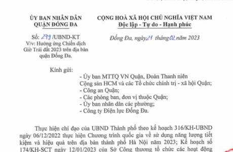 279/UBND0KT V/v: Hưởng ứng Chiến dịch Giờ Trái đất 2023 trên địa bàn quận Đống Đa