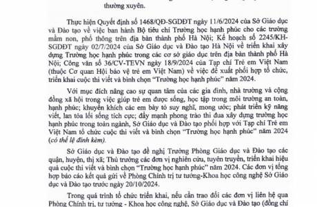 CÔNG VĂN VỀ VIỆC TRIỂN KHAI THI VIẾT VÀ BÌNH CHỌN "TRƯỜNG HỌC HẠNH PHÚC" NĂM 2024