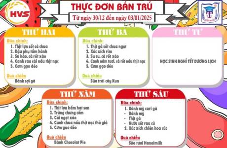 THỰC ĐƠN BÁN TRÚ TỪ NGÀY 30/12/2024 ĐẾN NGÀY 3/1/2025