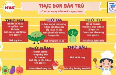 Thực đơn bán trú từ ngày 03/03 đến ngày 07/03/2025