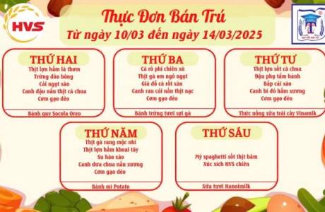 Thực đơn bán trú từ ngày 10/03 đến ngày 14/03/2025