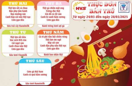 Thực đơn bán trú từ ngày 24/3 đến ngày 28/3/2025