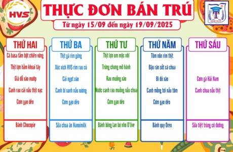 Thực đơn bán trú từ ngày 15/9 đến ngày 19/9/2025
