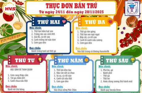 Thực đơn bán trú từ ngày 24/11 đến ngày 28/11/2025