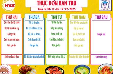 Thực đơn bán trú từ ngày 8/12 đến ngày 12/12/2025