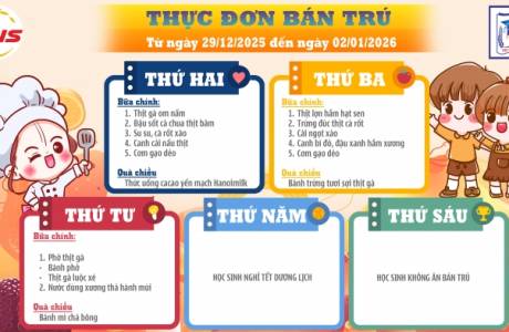 Thực đơn bán trú từ ngày 29/12 đến ngày 2/1/2026