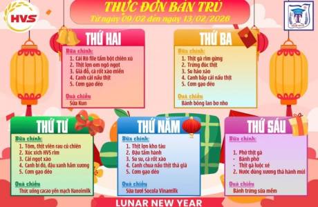 Thực đơn bán trú từ ngày 9/2 đến ngày 13/2/2026