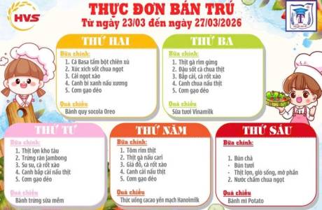 Thực đơn bán trú từ ngày 23/3 đến ngày 27/3/2026