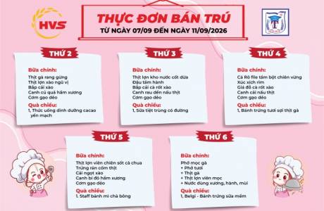 Thực đơn Bán trú  từ ngày 7/9 đến ngày 11/9/2026