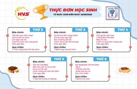 Thực đơn bán trú từ ngày 21/9 đến ngày 25/09/2026