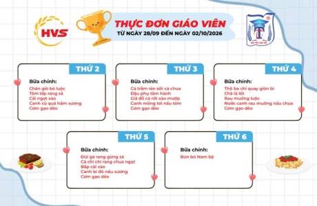 Thực đơn bán trú  từ ngày 28/9 đến ngày 2/10/2026