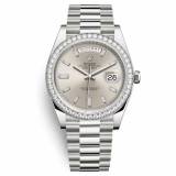 Rolex Day-Date White Gold Silver Baguette Diamond Dial Diamond Bezel 228349-0001